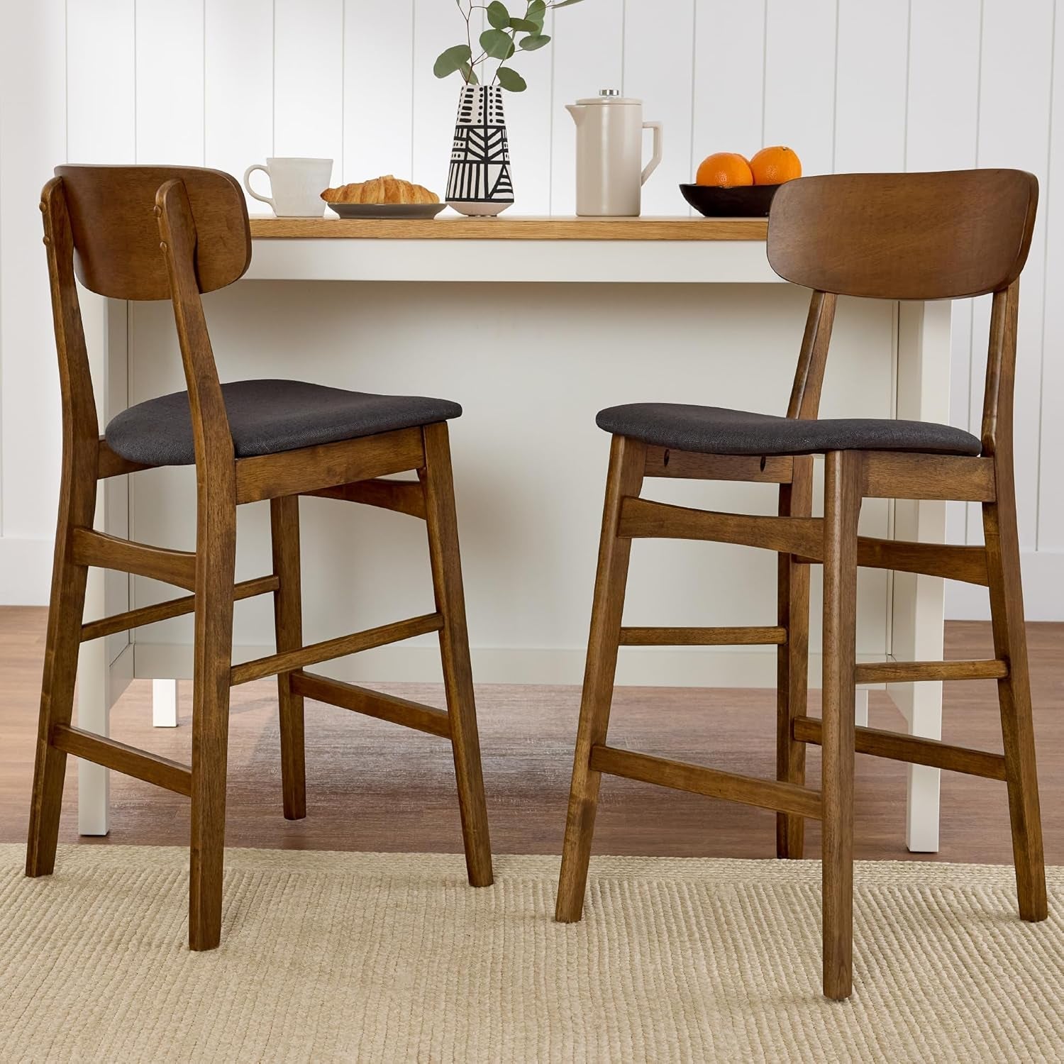 Bar Stool Set of 2, Farmhouse Counter Height W/Armless Upholstered Cushioned Seat, Wooden Curved Backrest - Walnut/Charcoal