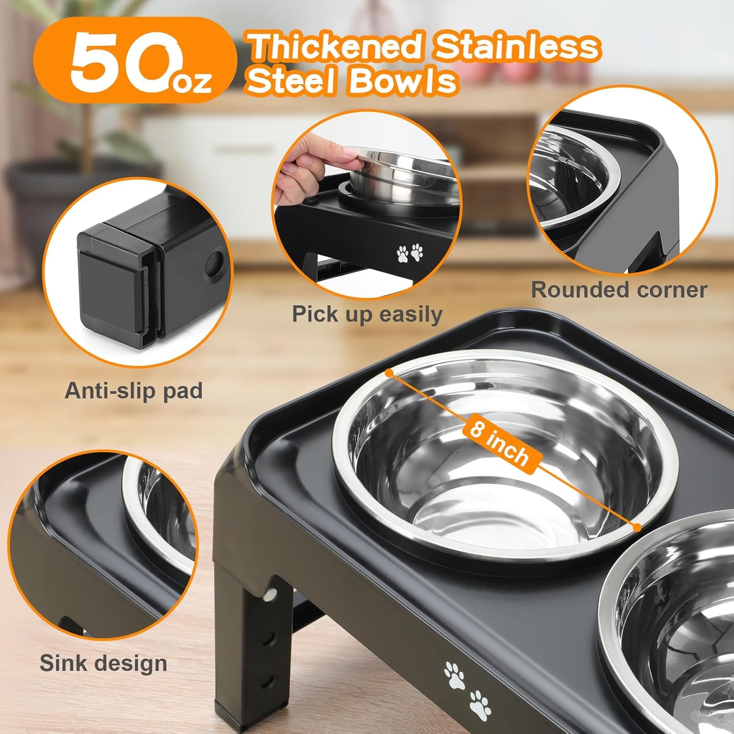 Elevated Dog Bowls, 4 Height Adjustable Raised Dog Bowl Stand with 2 Thick 50Oz Stainless Steel Dog Food Bowls Non-Slip Dog Feeder for Large Medium Dogs Adjusts to 3.7&quot;, 9.2&quot;, 10.75&quot;, 12.36&quot; Black