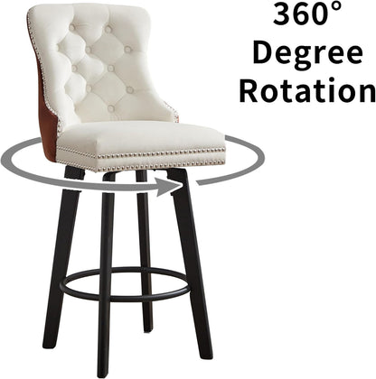 Modern Swivel 27&quot; H Seat Velvet Barstools with Backrest,Button Tufted Rivet Trim Dining Room Chairs with Metal Pull Ring for Kitchen Island，Bistro, Home Bar，Coffee and White（Two-Tone,3 Pcs）