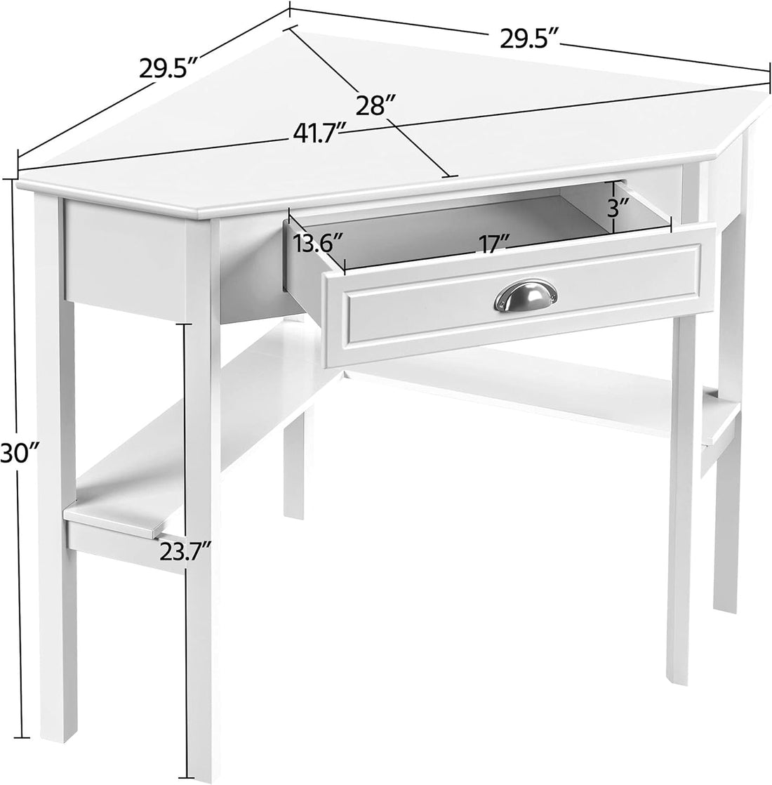 L-Shaped Computer Desk Corner Table with Large Drawer &amp; Storage Shelves, 90 Degrees Triangle Writing Desk Laptop PC Table for Home Office, Study Workstation for Small Space, White