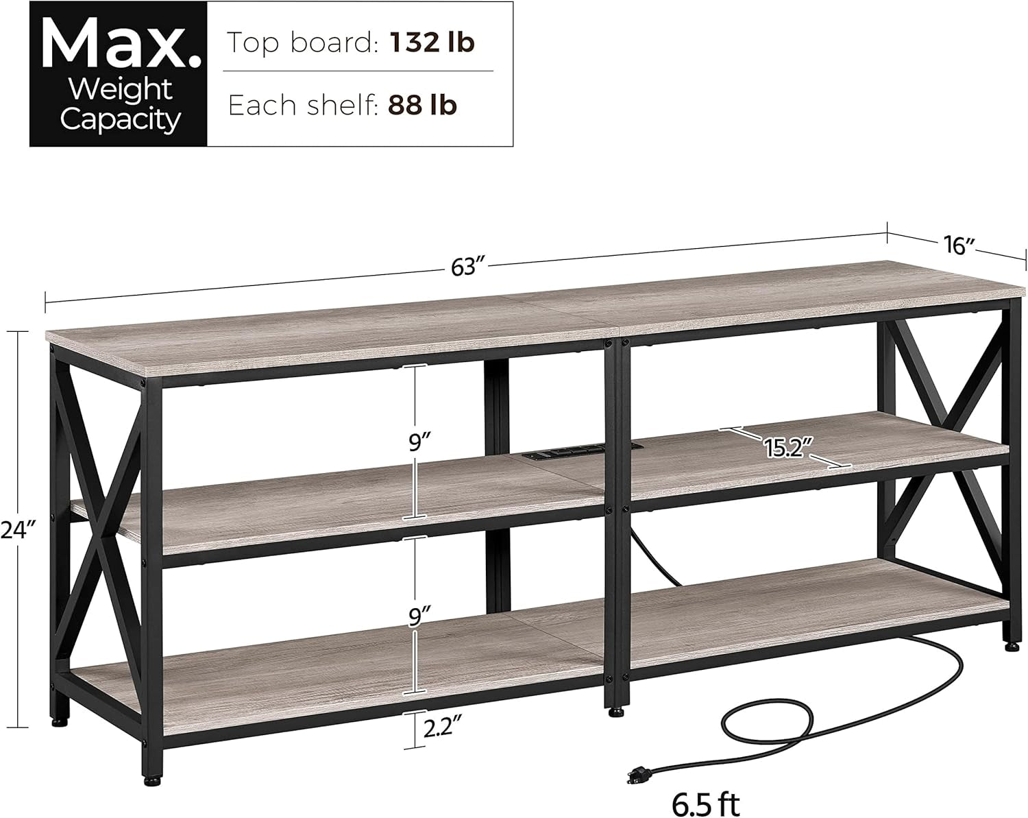 TV Stand with Power Outlet for 70 Inch TV, 3 Tiers TV Storage Cabinet, Entertainment Center with Charging Station for Living Room, Gray