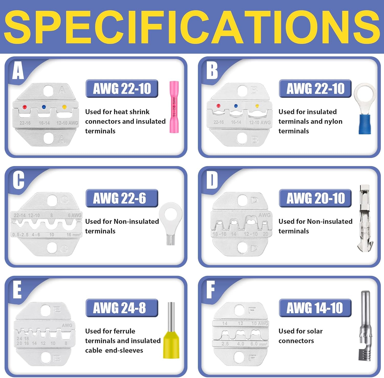 Crimping Tool Set - 6PCS Crimping Die for Heat Shrink,Insulated Nylon,Non-Insulated,Ferrule Wire End,Open Barrel Terminals,Solar Connectors - with Wire Stripper Tool and Screwdriver