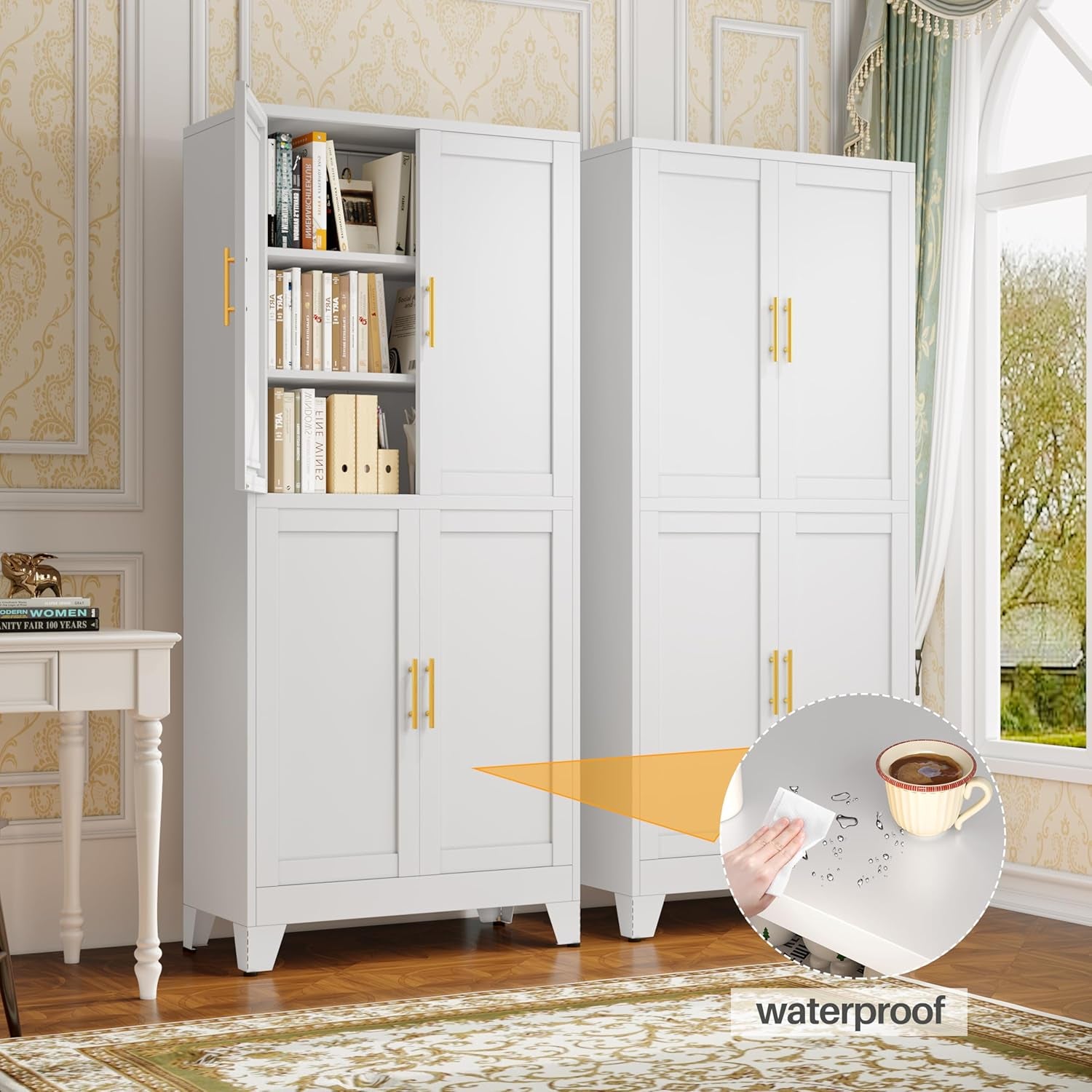 75&quot; H White Metal Bathroom Storage Cabinet, Kitchen Pantry Cabinet with Doors and 3 Adjustable Shelves, Freestanding Cupboard, Steel File Cabinet for Home Office, Bedroom