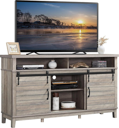 TV Stand with Sliding Barn Doors, Farmhouse TV Stand for Tvs up to 65 Inch, Mid Century Media Entertainment Center for Living Room, 32.5 in H, Gray