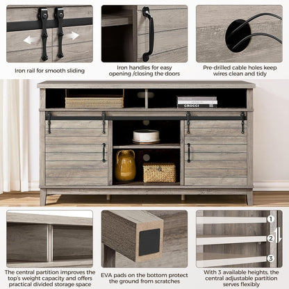 TV Stand with Sliding Barn Doors, Farmhouse TV Stand for Tvs up to 65 Inch, Mid Century Media Entertainment Center for Living Room, 32.5 in H, Gray