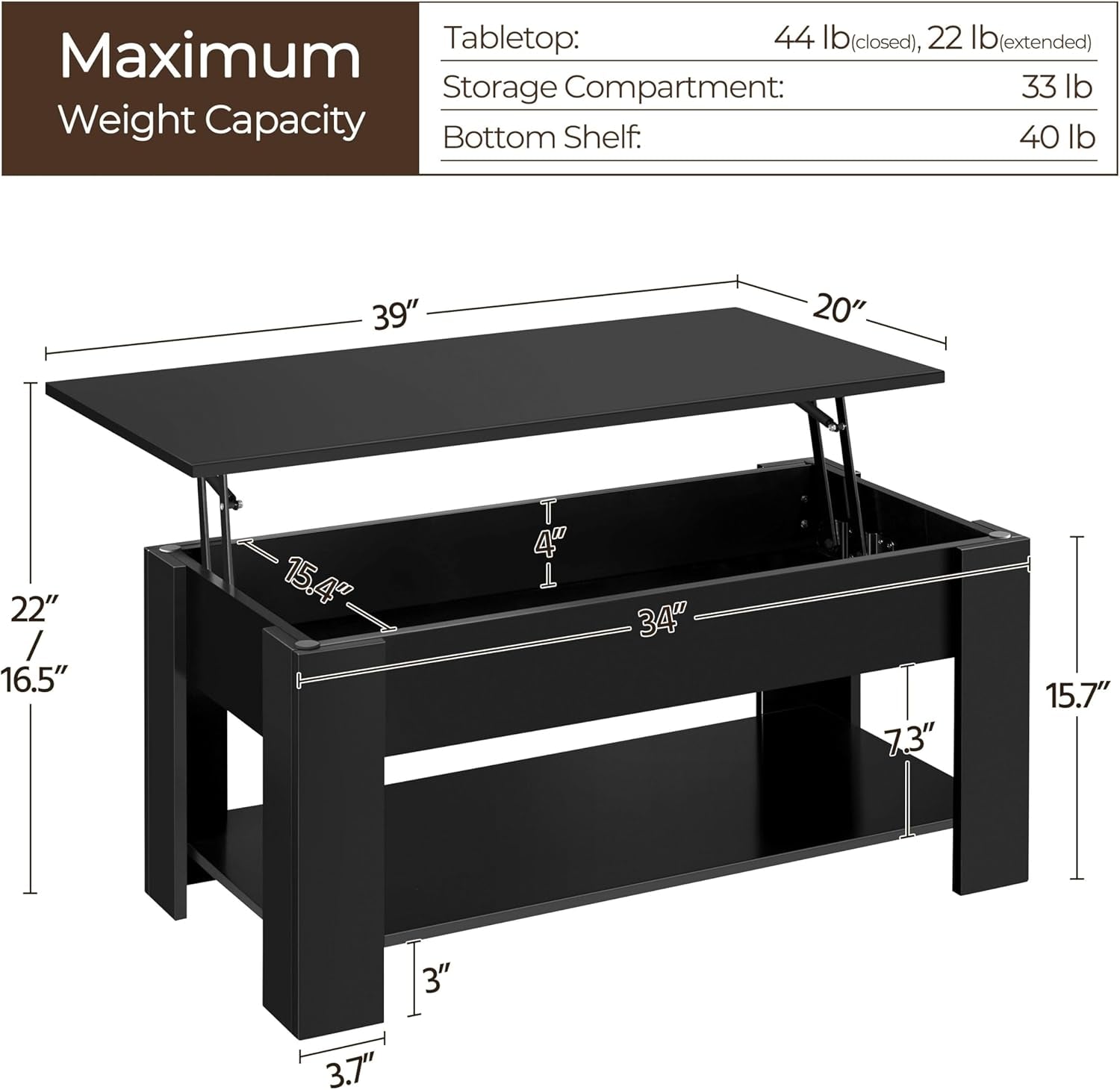 Wooden Coffee Table, Lift Top Coffee Table with Large Hidden Storage Shelf, Lift Tabletop Dining Table for Living Room, Home Small Space, 38.6In, Black