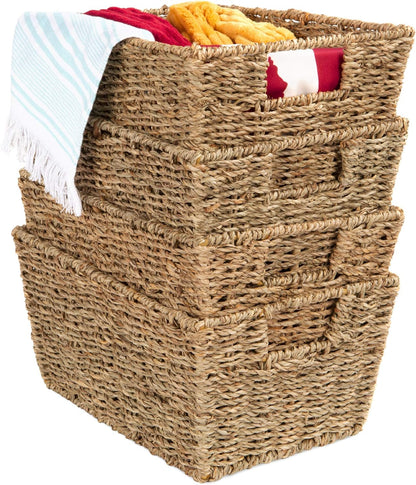 Rustic Set of 4 Multipurpose Stackable Seagrass Storage Basket, Handwoven Laundry Organizer Totes for Bedroom and Living Room, Shelves, Pantry W/Insert Handles - Natural