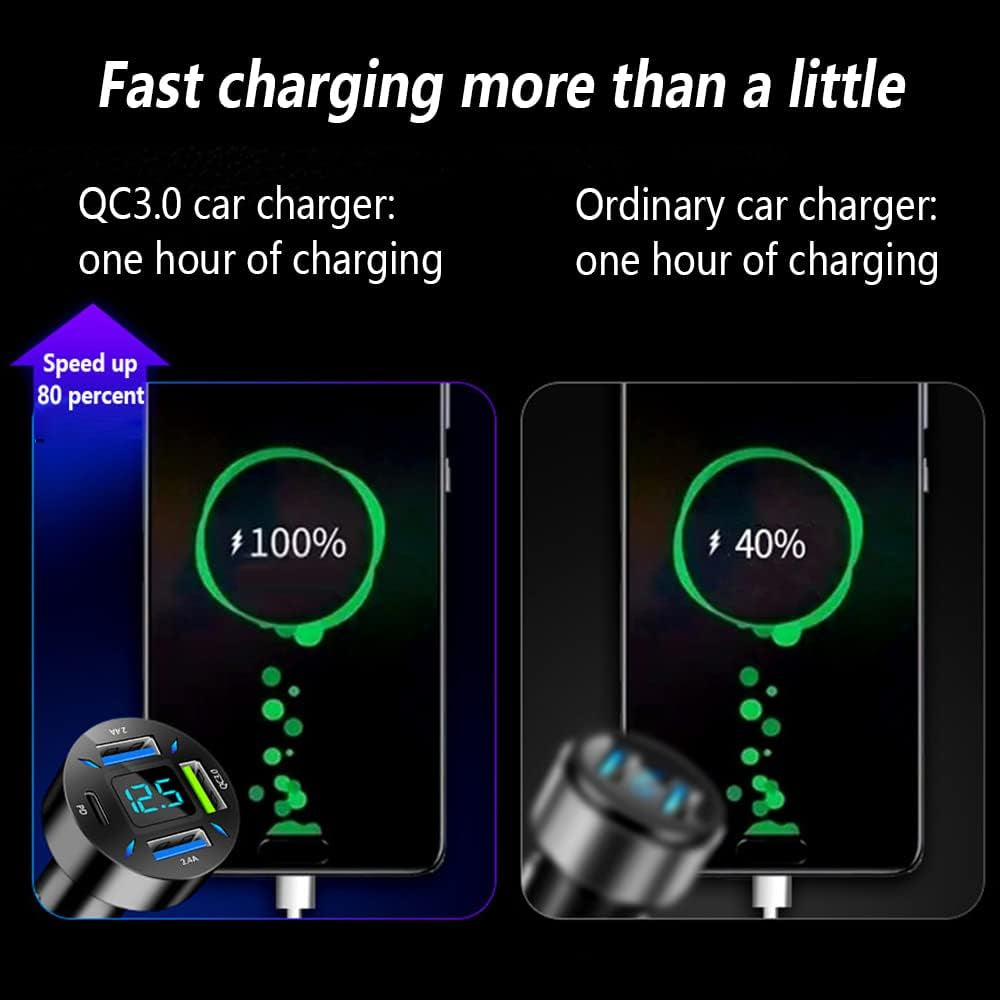 Car Charger 66W Super Fast Charging with USB PD&amp;QC 3.0(Voltmeter&amp;Led Lights) Universal Quick Charge for 12-24V Car Cigarette Lighter Plug,Compatible with Iphone 14 13 12,S22 S21 S20,Ipad(Black)