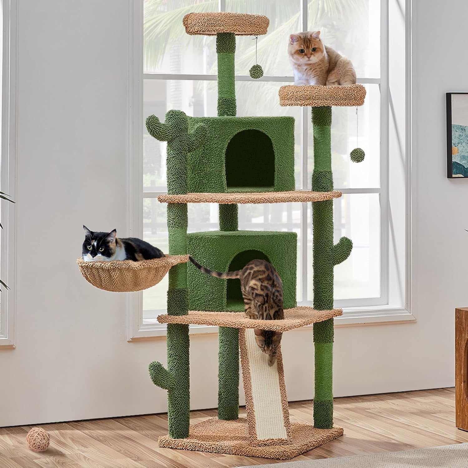 Cactus Cat Tree, 66In Cat Tower for Indoor Cats, Multi-Level Cat Tree with Large Condos &amp; Ramp, Pet Play House with Padded Perch, Platforms, Basket &amp; Hanging Ball, Green/Brown