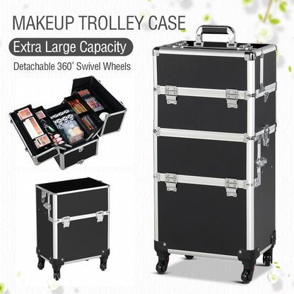 Rolling Makeup Train Case 3 in 1 Cosmetic Makeup Case Large Aluminum Trolley Makeup Travel Case Professional Rolling Cosmetic Beauty Storage, with 360° Swivel Wheels, Black