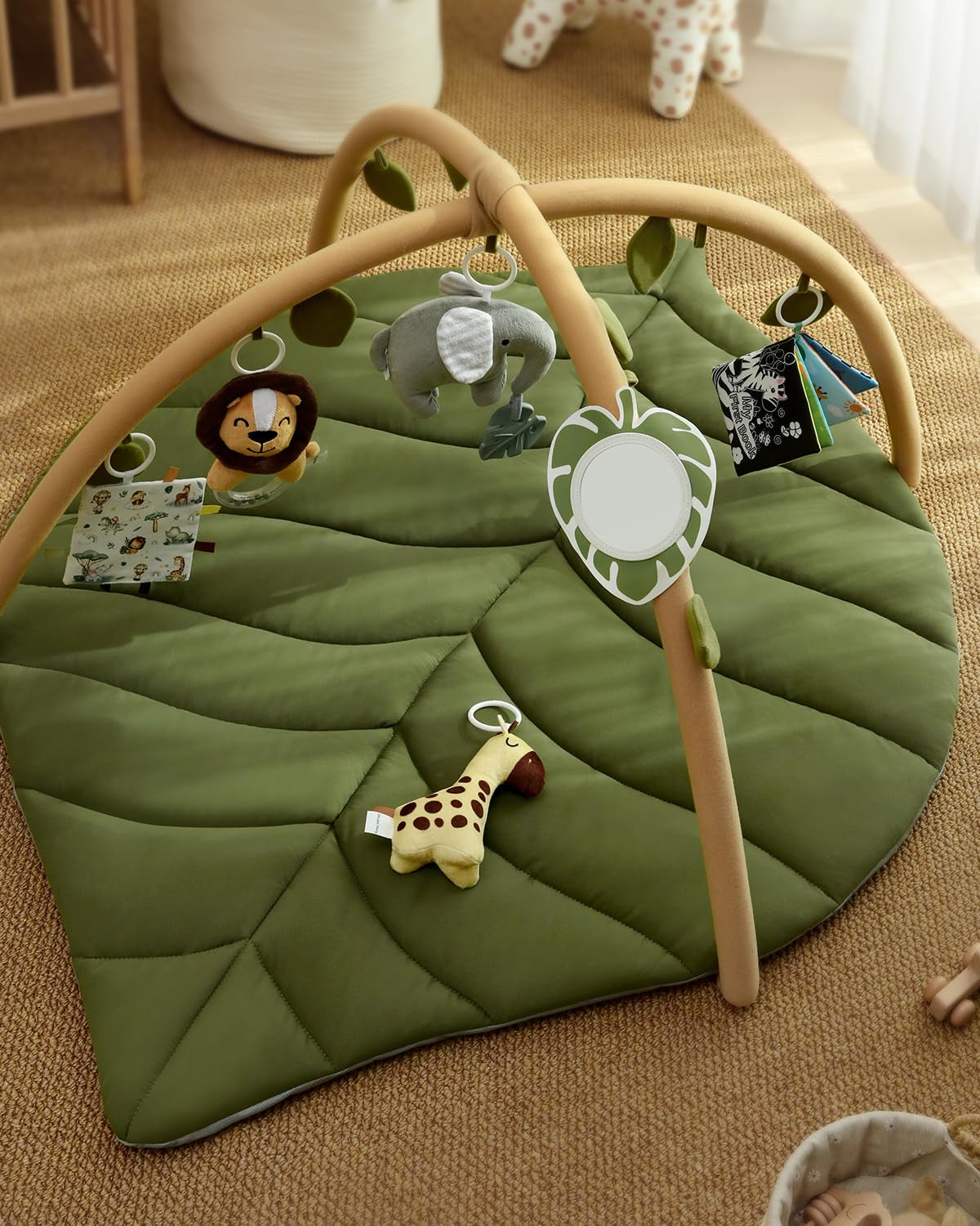 Baby Play Gym &amp; Activity Mat, Oversize Leaf Shaped Baby Play Mat W 6 Detachable Toys, Tummy Time Mat Promote Motor Skills &amp; Sensory Development Mat, Newborn Infant Baby Essentials Gift