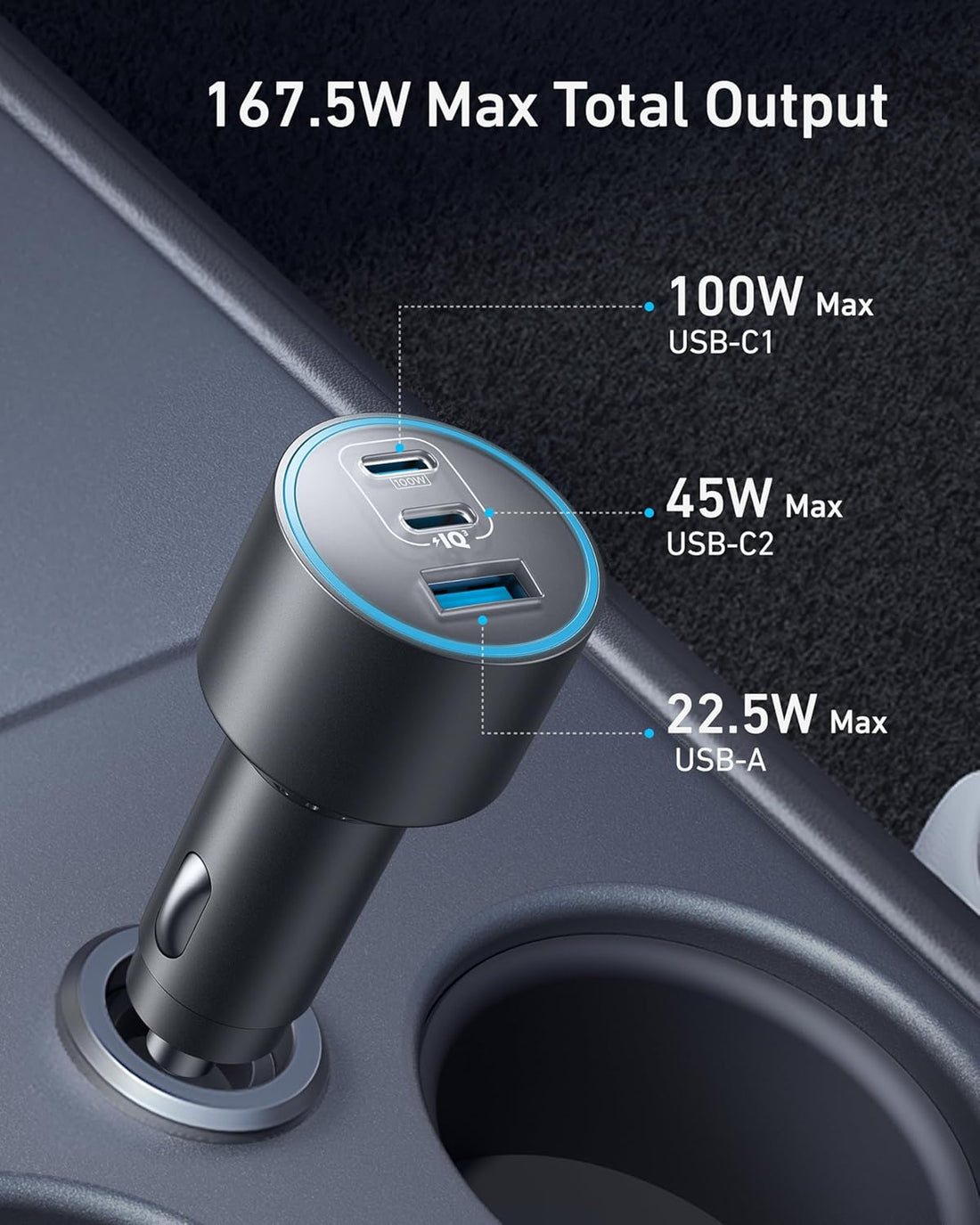 Iphone 16 USB-C Car Charger, 167.5W Max 3-Port Ultra-Compact Type-C Fast Iphone Car Charger, for Macbook Pro/Air, Iphone 15/14 / 13 Series, Samsung S24 / S23, Ipad Pro, Airpods, and More