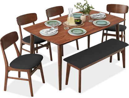 6-Piece Wooden Dining Set, Mid-Century Modern Table &amp; Upholstered Chair Set W/Bench Seat, Rubberwood Legs - Walnut/Cream