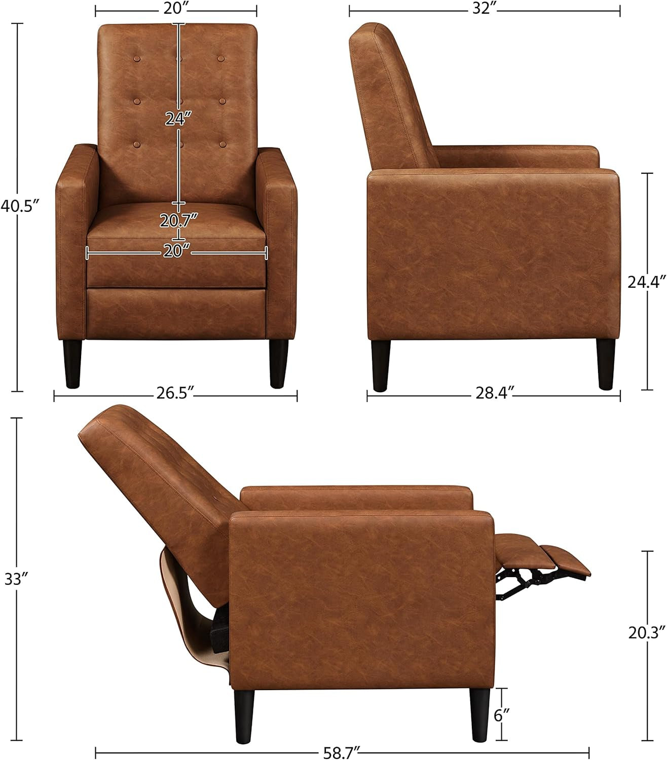 Faux Leather Recliner Sofa Mid-Century Modern Single Reclining Chair Adjustable Back &amp; Footrest Tufted Upholstered Sofa with Pocket Spring Living Room Bedroom Home Theater Brown