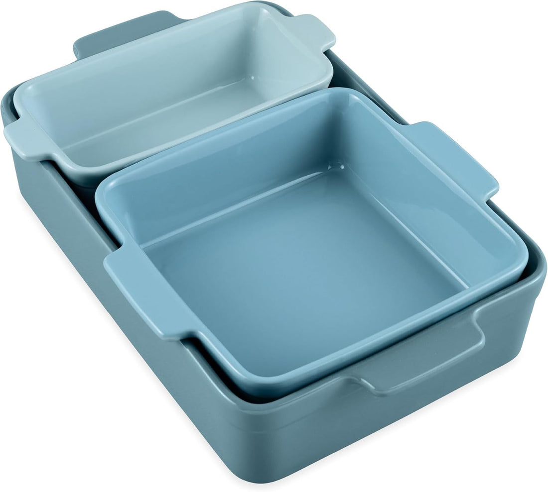 Bakeware Set, Baking Dish Set, 3-Piece Nonstick, Toxin-Free, Ceramic, Casserole, Bread Loaf, Square Pan, Space-Saving Nesting Design - Cornflower Blue