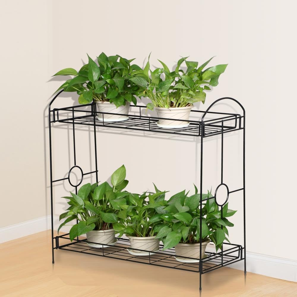 2 Tier Metal Plant Stand for Outdoor/Indoor, Plant Display Rack Flower Pot Stand Shelf for Home Garden Backyard Patio, Home Storage Organizer Rack Black 33.5 X 13.4 X 31.9 Inch