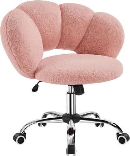 Boucle Upholstered Desk Chair Cloud-Shaped Vanity Chair Adjustable Home Office Chair Computer Chair with Rolling Wheels for Living Room, Bedroom White