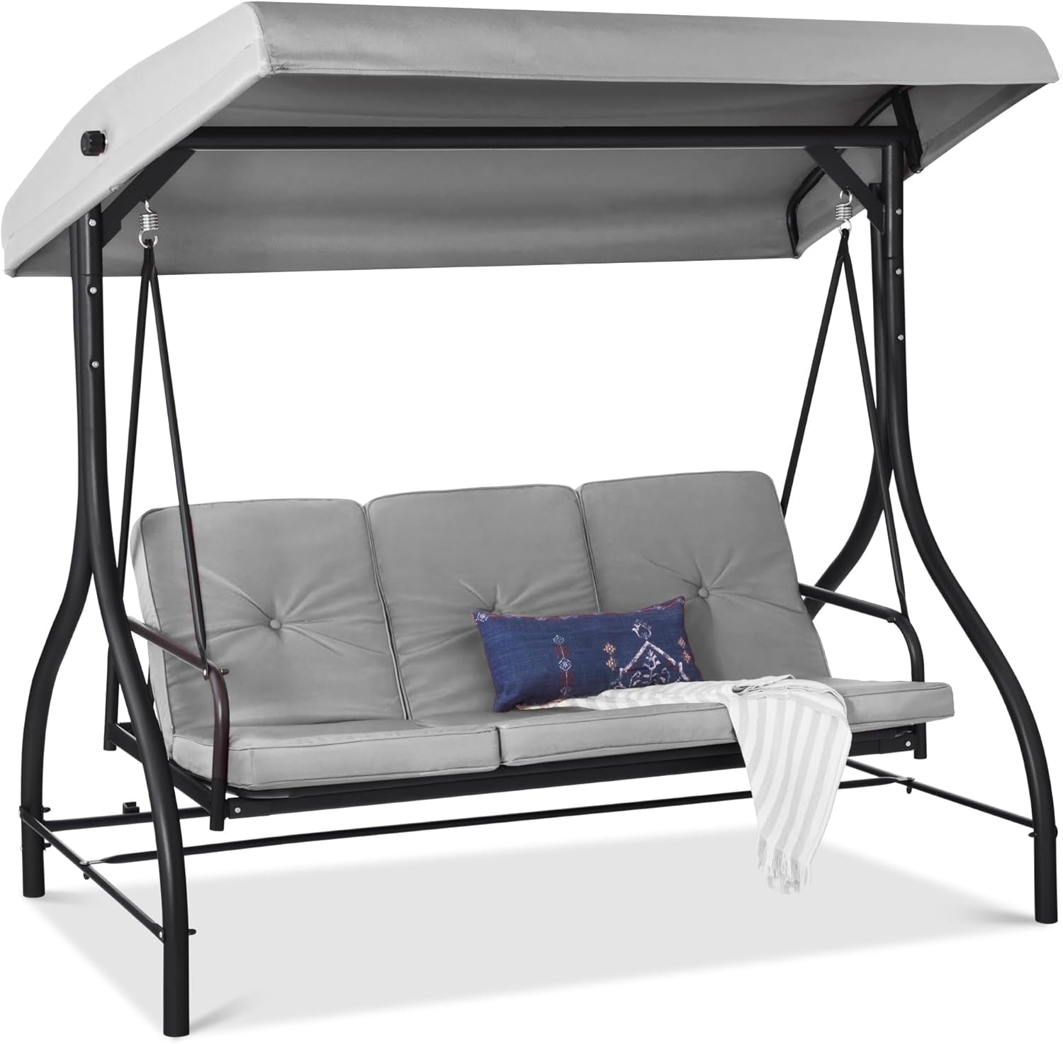 3-Seat Outdoor Large Converting Canopy Swing Glider, Patio Hammock Lounge Chair for Porch, Backyard W/Flatbed, Adjustable Shade, Removable Cushions - Gray