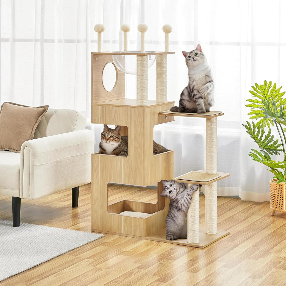 Wooden Cat Tree, 53In Modern Cat Tower for Indoor Cats with Scratching Posts Washable Detachable Cushion, Clear Bowl &amp; Teasing Balls, Multi-Level Heavy Duty Cat Condo Furniture for Large Cat