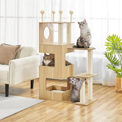 Wooden Cat Tree, 53In Modern Cat Tower for Indoor Cats with Scratching Posts Washable Detachable Cushion, Clear Bowl &amp; Teasing Balls, Multi-Level Heavy Duty Cat Condo Furniture for Large Cat