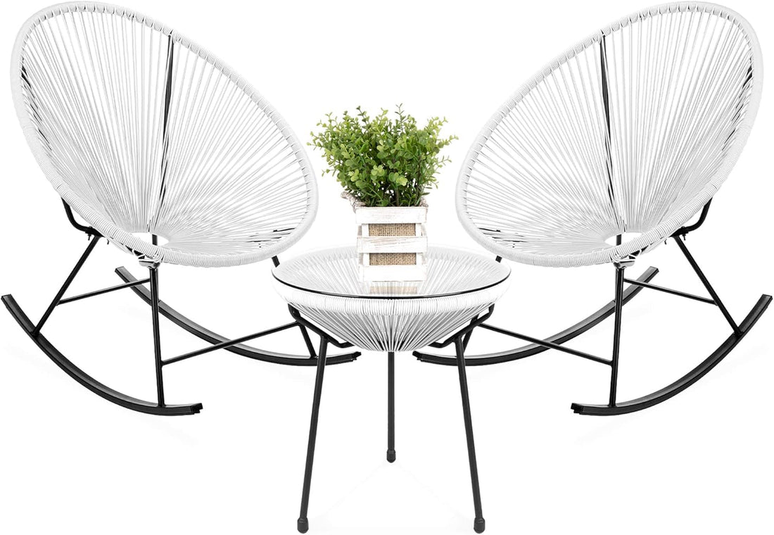 3-Piece Outdoor Acapulco All-Weather Woven Rope Patio Conversation Bistro Set W/Glass Top Table and 2 Rocking Chairs - White