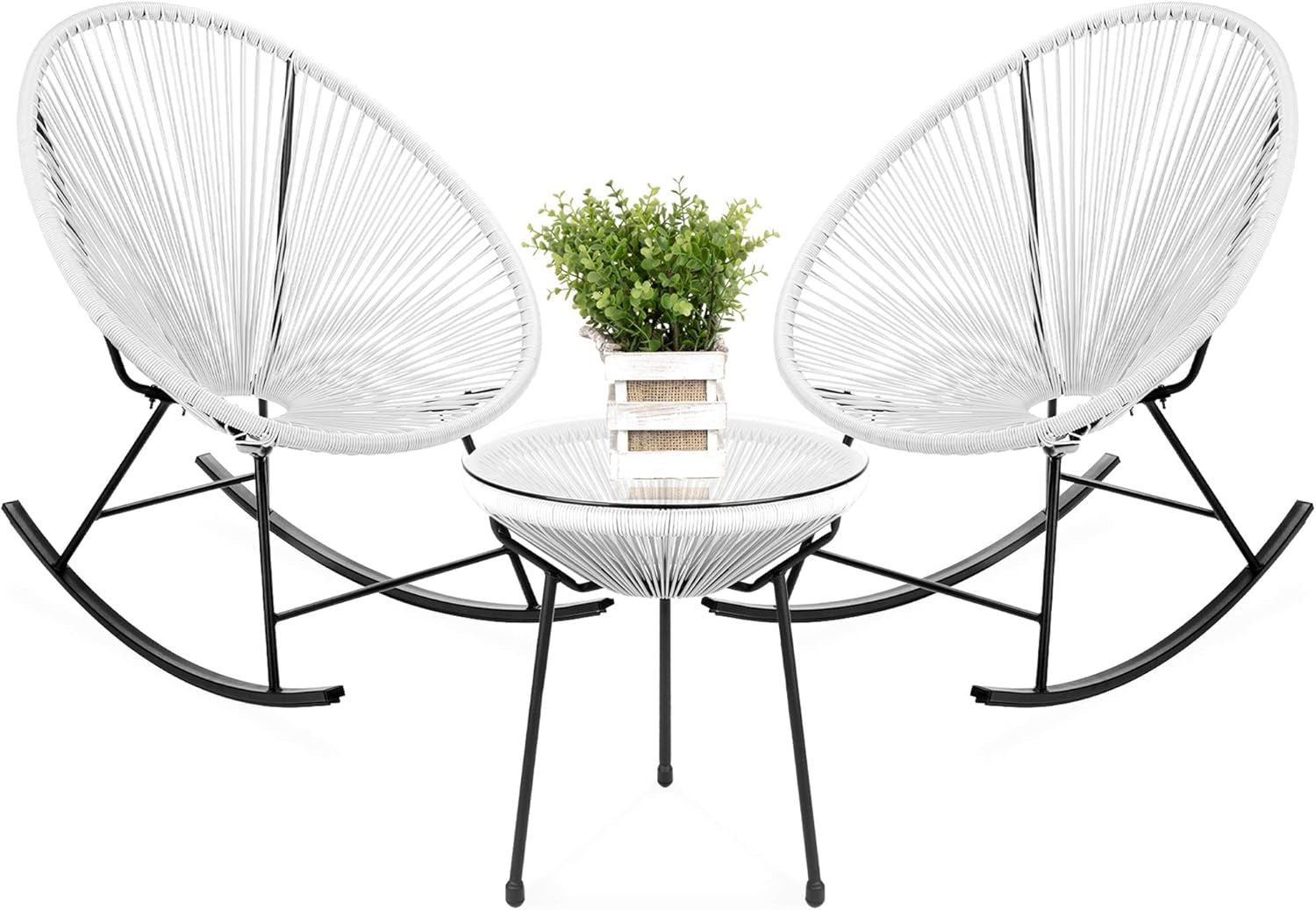 3-Piece Outdoor Acapulco All-Weather Woven Rope Patio Conversation Bistro Set W/Glass Top Table and 2 Rocking Chairs - White