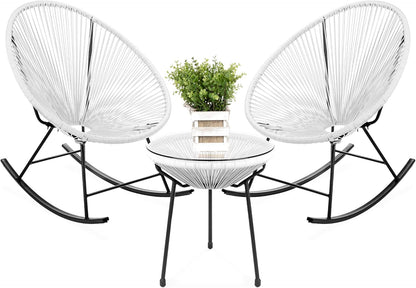 3-Piece Outdoor Acapulco All-Weather Woven Rope Patio Conversation Bistro Set W/Glass Top Table and 2 Rocking Chairs - White