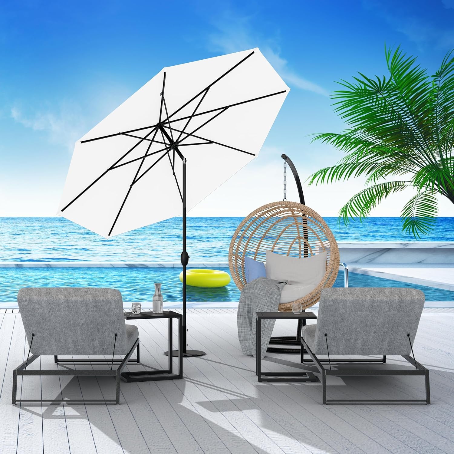 10-Year-No-Fade - 9 Feet Outdoor Umbrella Ivory White Polyester Fabric - Umbrella Outdoor Patio, Auto-Tilt Aluminum Frame Patio Umbrella, Pool Umbrella &amp; Deck Umbrella - Black Pole