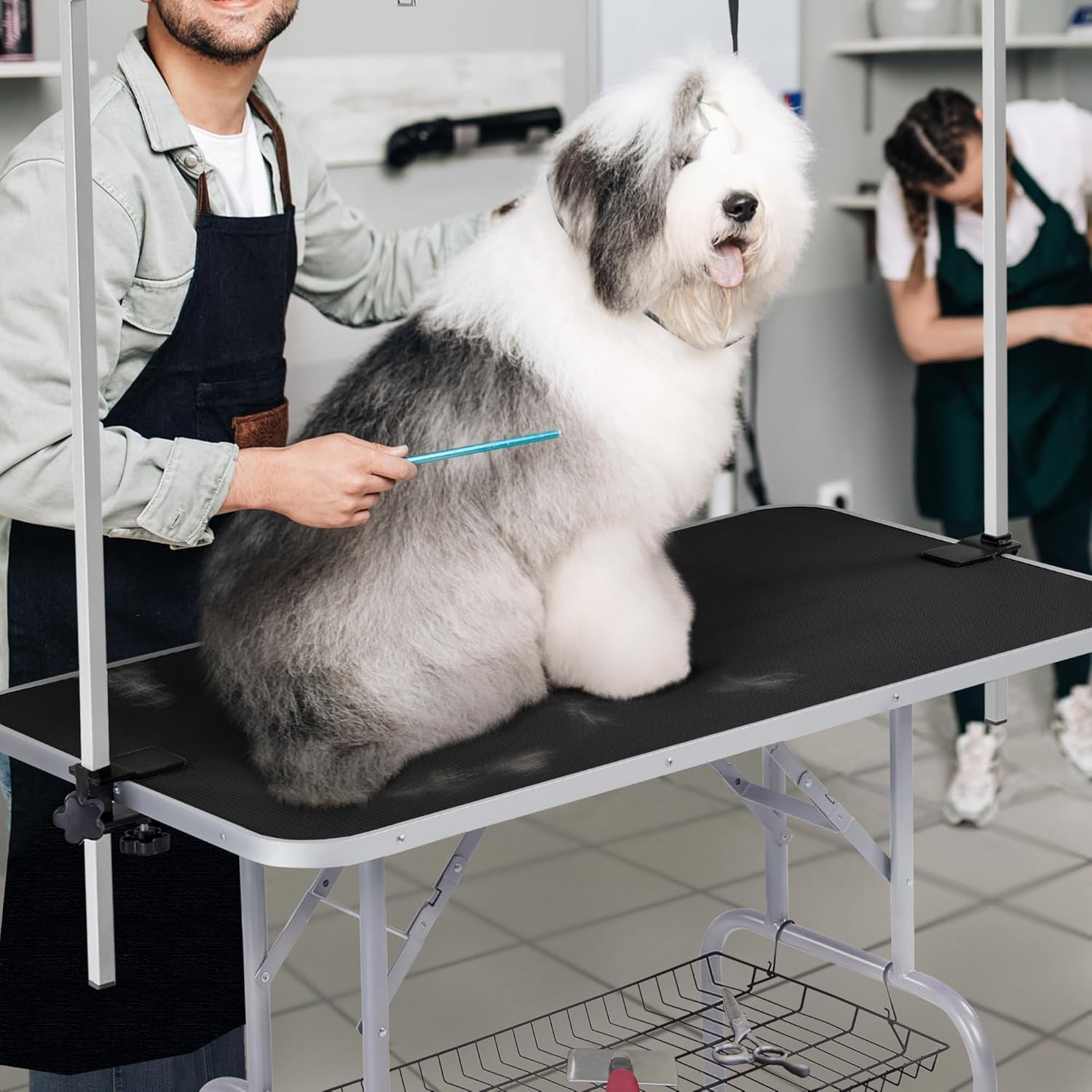 Foldable &amp; Portable Pet Grooming Table for Home - Stainless Steel H-Shape Frame Height Adjustable Pet Beauty Table W/Arm/Noose/Mesh Tray, 45In X 24In