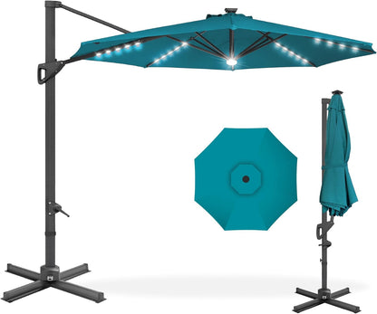 10Ft Solar LED Cantilever Patio Umbrella, 360-Degree Rotation Hanging Offset Market Outdoor Sun Shade for Backyard, Deck, Poolside W/Lights, Easy Tilt, Cross Base