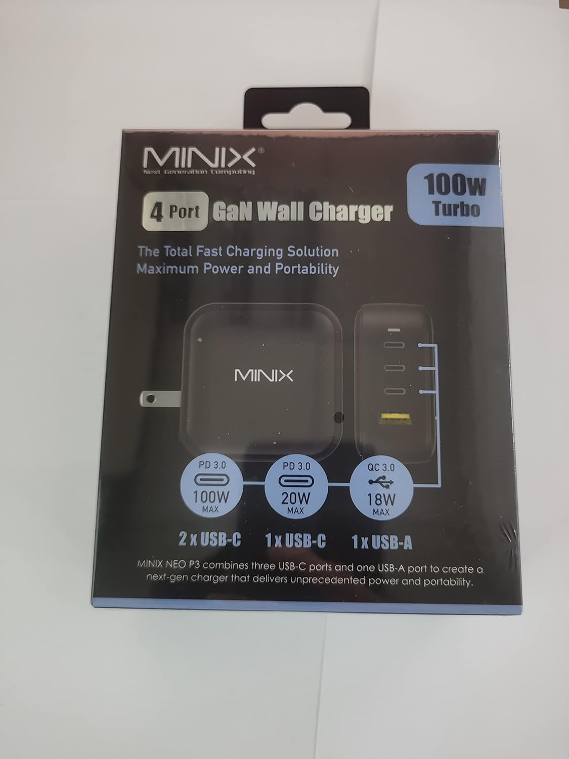 NEO P3 100W Turbo 4-Ports Gan Wall Charger, 3 X USB-C Port Fast Charging Adapter(Max 100W/20W), 1 USB-A (Max 18W). Compatible with Macbook Pro Air, Ipad Pro, Iphone 14,Galaxy S9 and More.