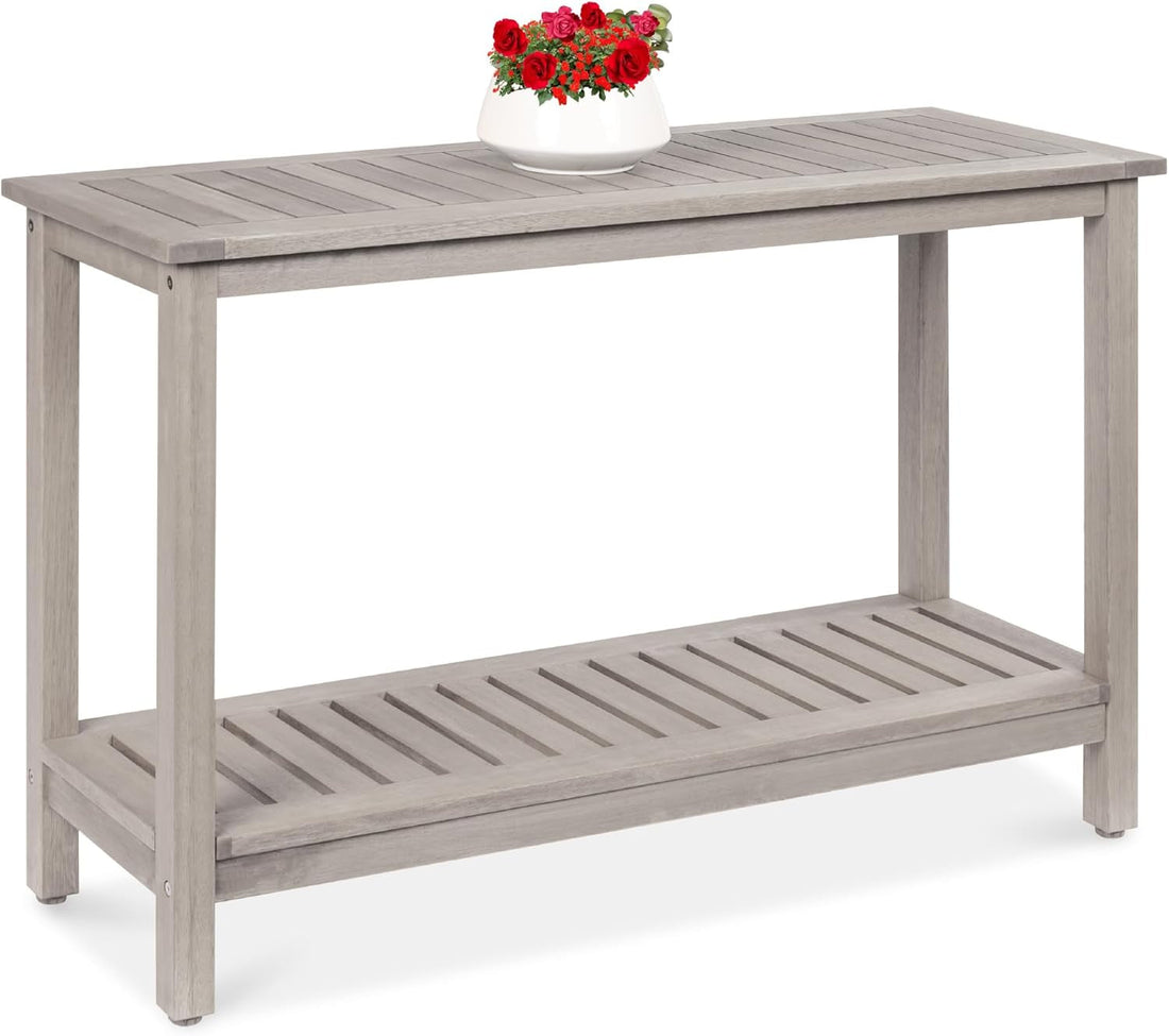 48In 2-Shelf Eucalyptus Wooden Console Table Indoor Outdoor Multifunctional Buffet Bar Storage Organizer W/Foot Sliders - Gray