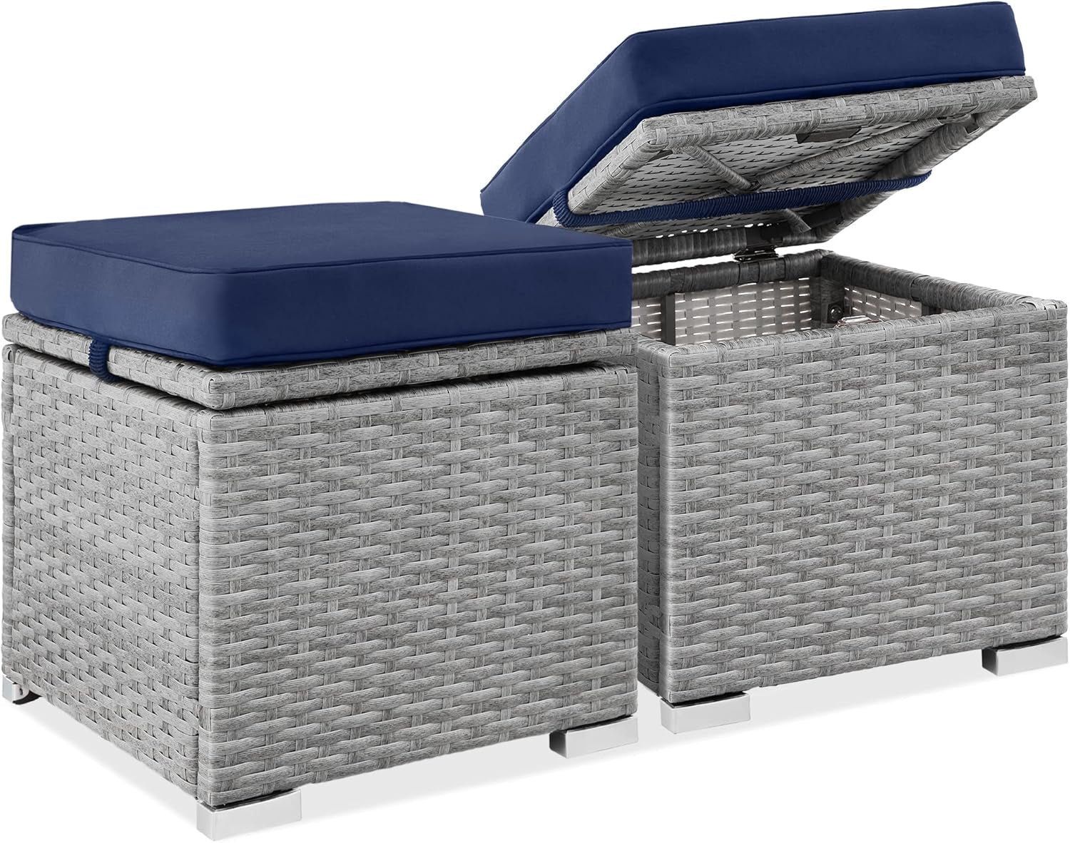 Set of 2 Wicker Ottomans, Multipurpose Outdoor Furniture for Patio, Backyard, Additional Seating, Footrest, Side Table W/Storage, Removable Cushions - Gray/Navy