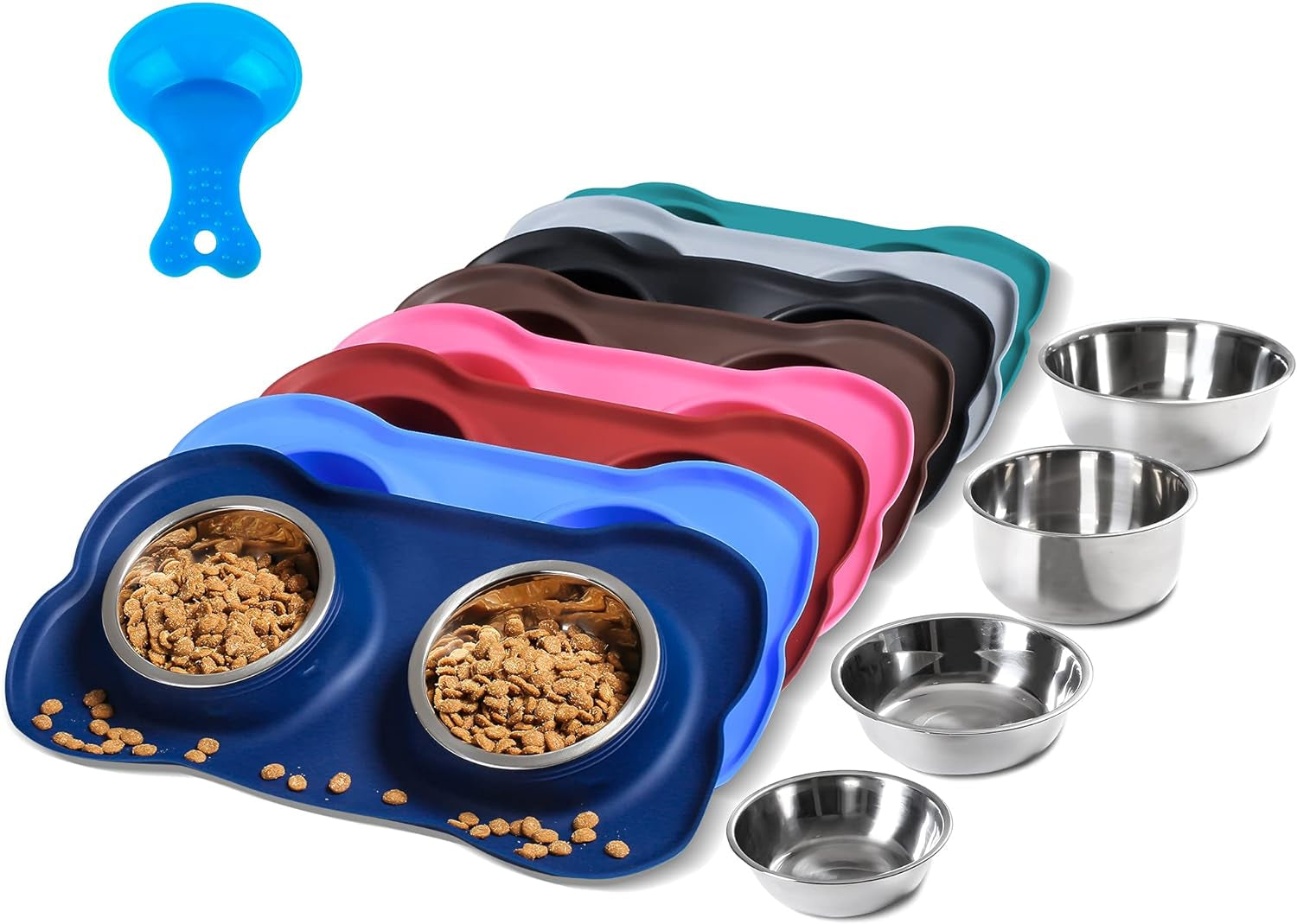 Pet Dog Bowls 2 Stainless Steel Dog Bowl with No Spill Non-Skid Silicone Mat + Pet Food Scoop Water and Food Feeder Bowls for Feeding Small Medium Large Dogs Cats Puppies (Small, Navy Blue)