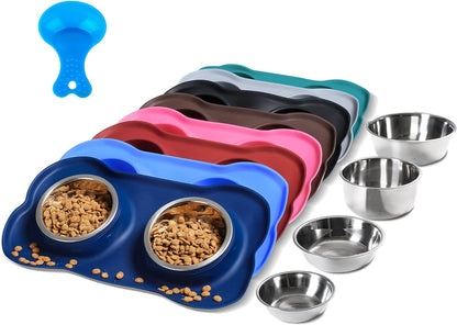 Pet Dog Bowls 2 Stainless Steel Dog Bowl with No Spill Non-Skid Silicone Mat + Pet Food Scoop Water and Food Feeder Bowls for Feeding Small Medium Large Dogs Cats Puppies (Small, Navy Blue)