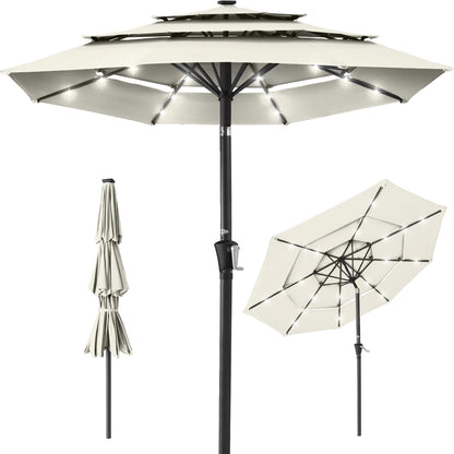 10Ft 3-Tier Solar Patio Umbrella, Outdoor Market Sun Shade for Backyard, Deck, Poolside W/ 24 LED Lights, Tilt Adjustment, Easy Crank, 8 Ribs - Tan