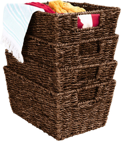 Rustic Set of 4 Multipurpose Stackable Seagrass Storage Basket, Handwoven Laundry Organizer Totes for Bedroom and Living Room, Shelves, Pantry W/Insert Handles - Natural