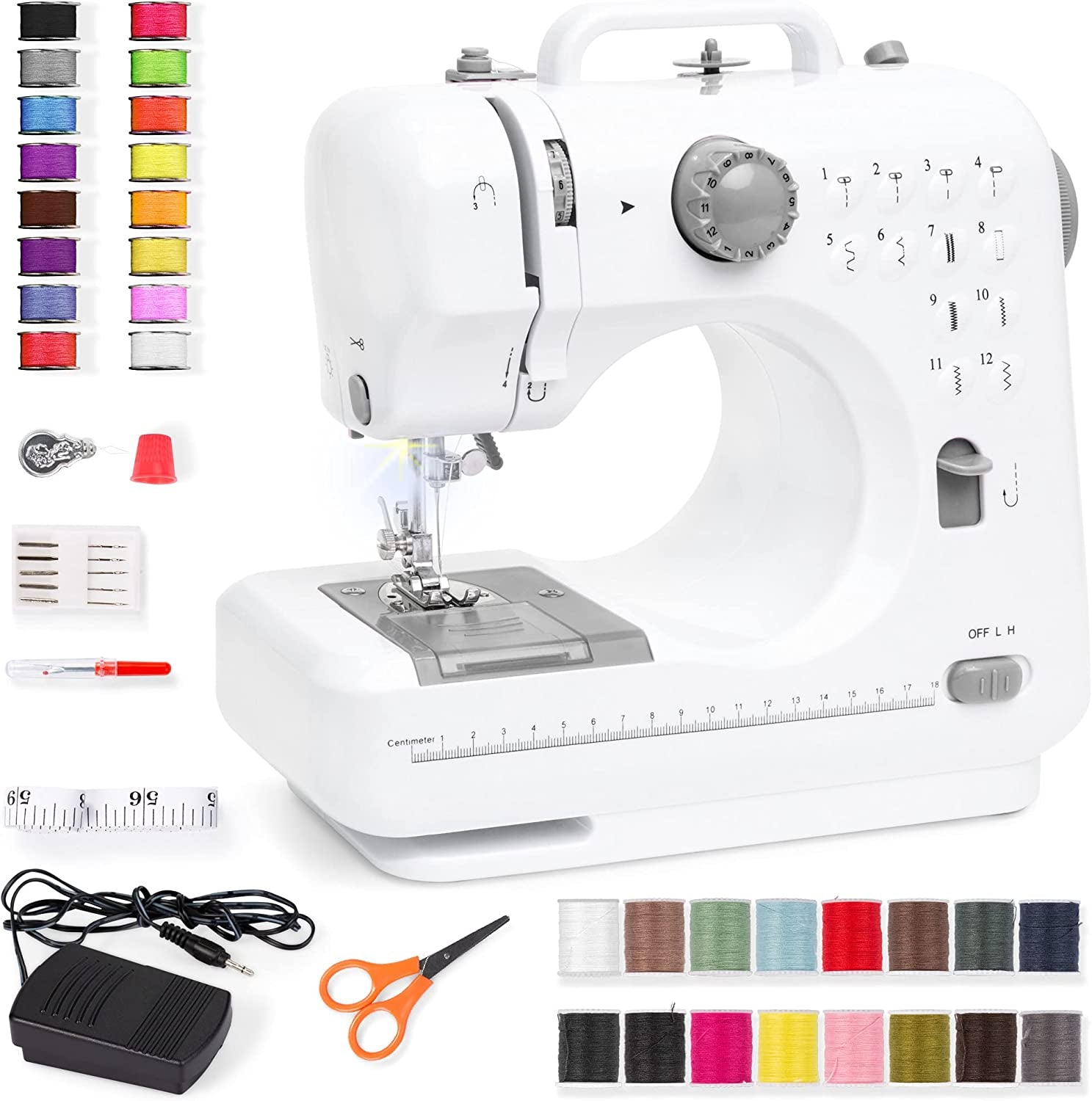 Compact Sewing Machine, 42-Piece Beginners Kit, Multifunctional Portable 6V Beginner Sewing Machine W/ 12 Stitch Patterns, Light, Foot Pedal, Storage Drawer - Teal/White