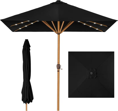 9Ft Deep Square Solar Powered LED Lighted Patio Umbrella W/Faux Wood Texture, Uv-Resistant Fabric, Hand Crank