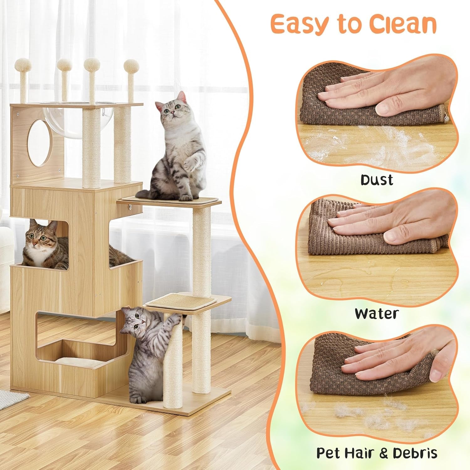 Wooden Cat Tree, 53In Modern Cat Tower for Indoor Cats with Scratching Posts Washable Detachable Cushion, Clear Bowl &amp; Teasing Balls, Multi-Level Heavy Duty Cat Condo Furniture for Large Cat