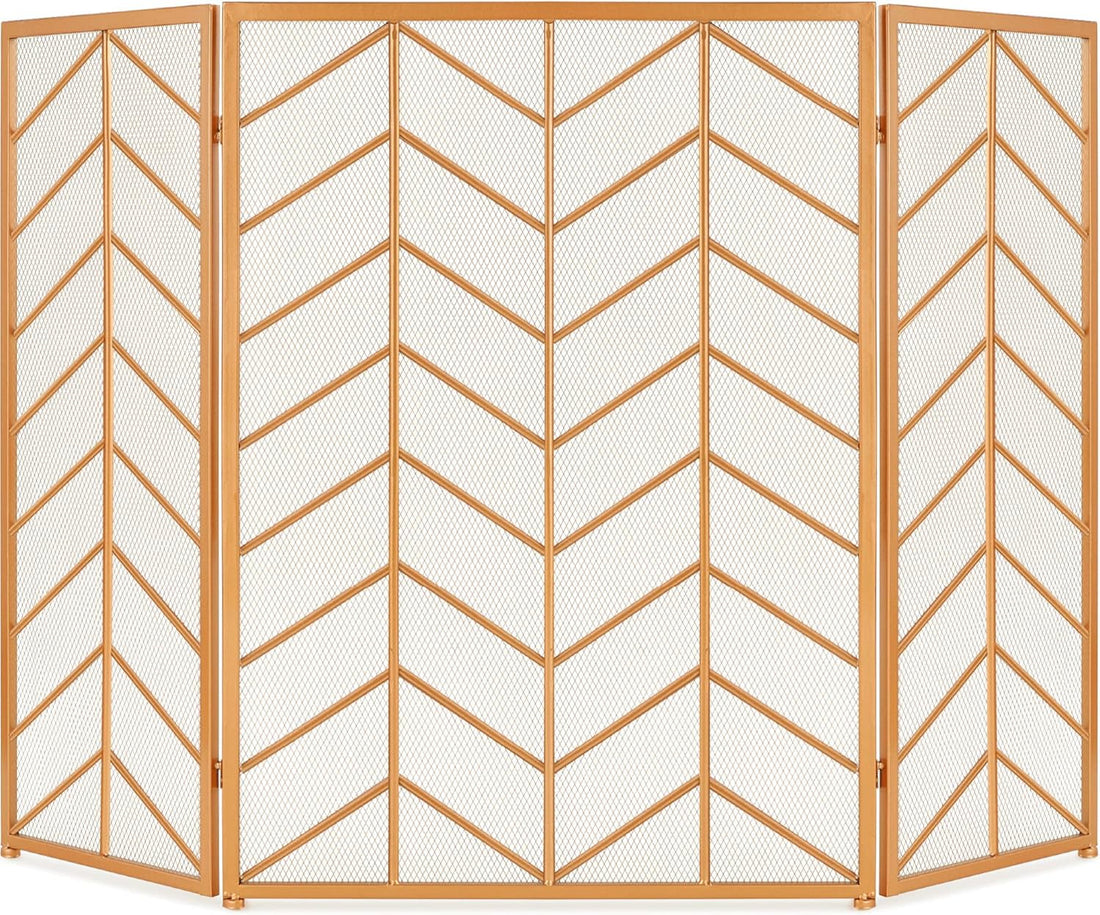 52X31In 3 Panel Chevron Fireplace Screen, Mid Century Modern Wrought Iron Hand Crafted Fire Place Guard for Living Room Home Decor, Steel Mesh - Gold