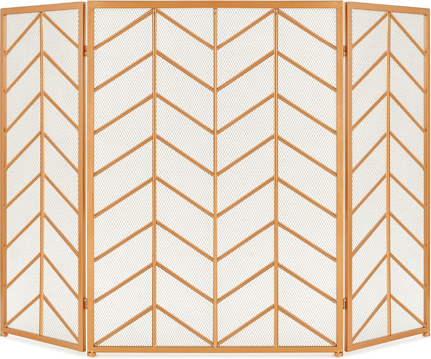 52X31In 3 Panel Chevron Fireplace Screen, Mid Century Modern Wrought Iron Hand Crafted Fire Place Guard for Living Room Home Decor, Steel Mesh - Gold