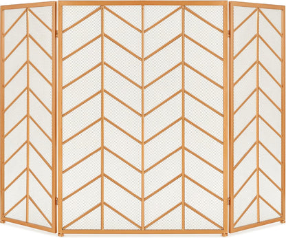 52X31In 3 Panel Chevron Fireplace Screen, Mid Century Modern Wrought Iron Hand Crafted Fire Place Guard for Living Room Home Decor, Steel Mesh - Gold