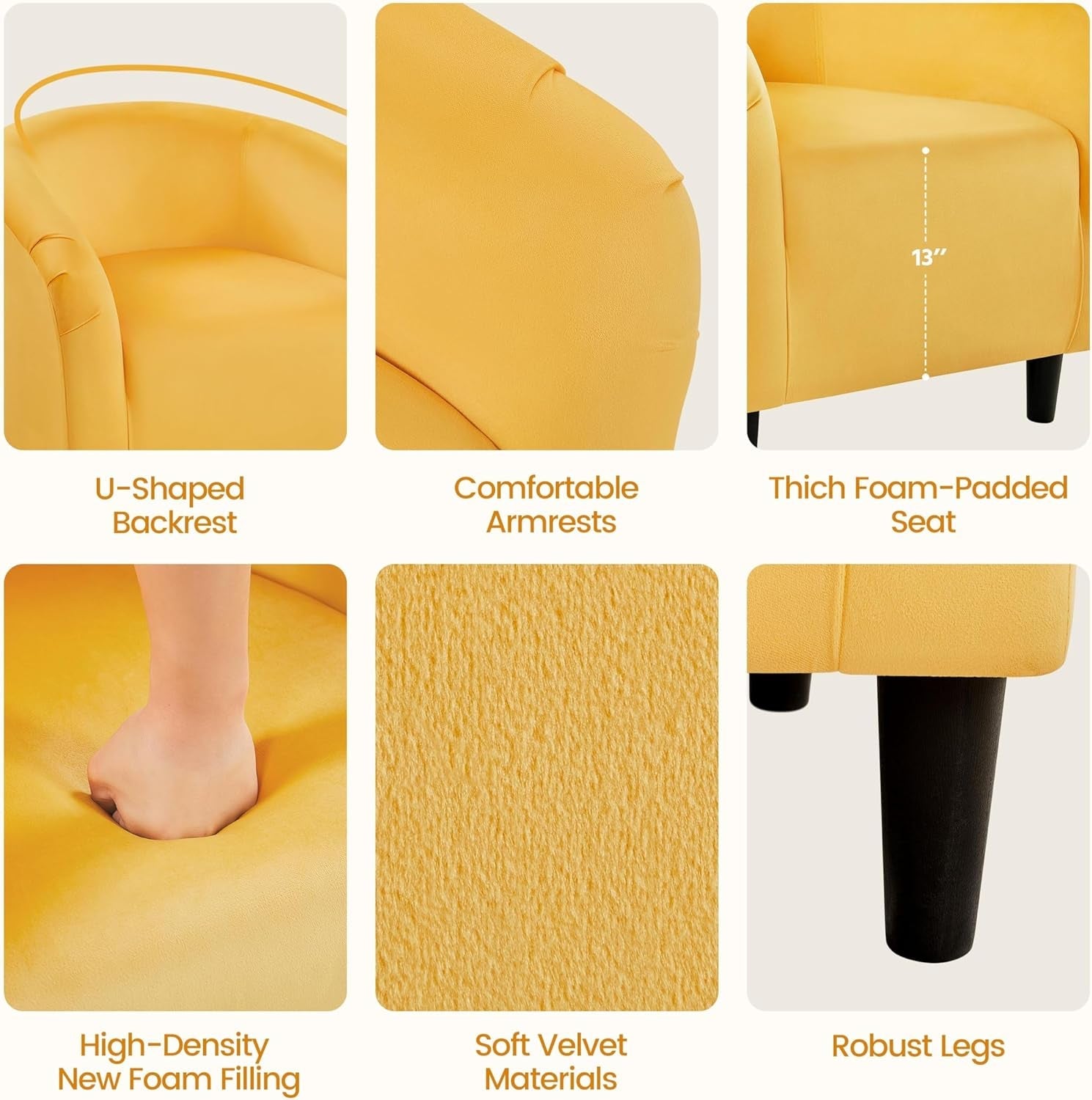 Yellow Chair, Accent Chair for Bedroom, Armchair for Living Room, Velvet Fabric Club Chair with Soft Padded Seat and Sturdy Legs for Bedroom Waiting Room, Yellow