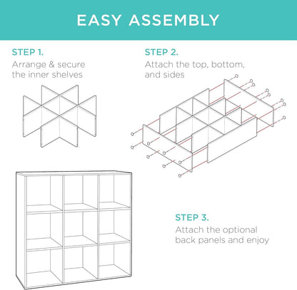 9-Cube Storage Organizer, 13.5In Shelf Opening, Bookcase, Display Shelf, Customizable W/ 3 Removable Back Panels – Walnut