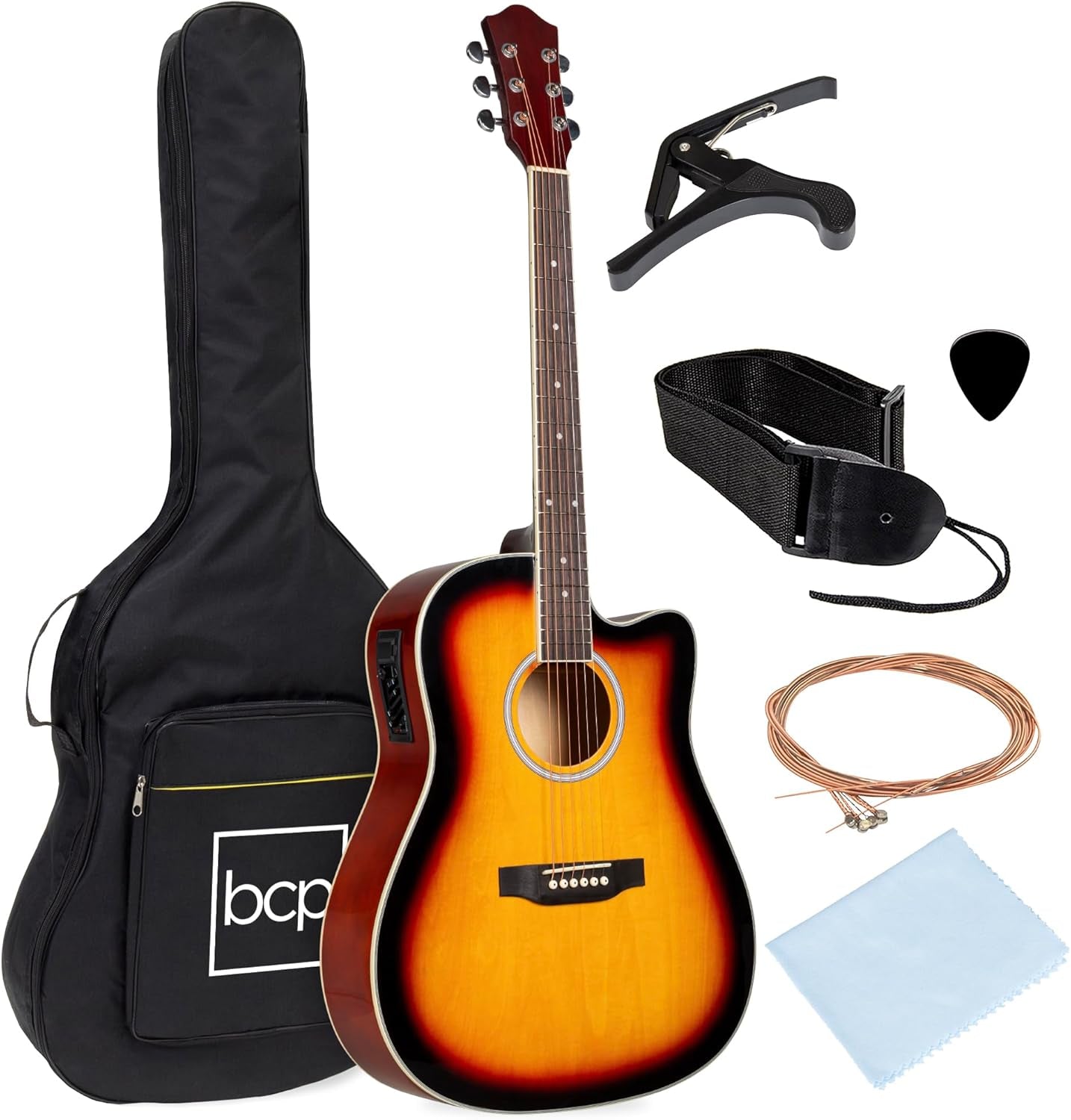 Beginner Acoustic Electric Guitar Starter Set 41In W/All Wood Cutaway Design, Case, Strap, Picks - Black