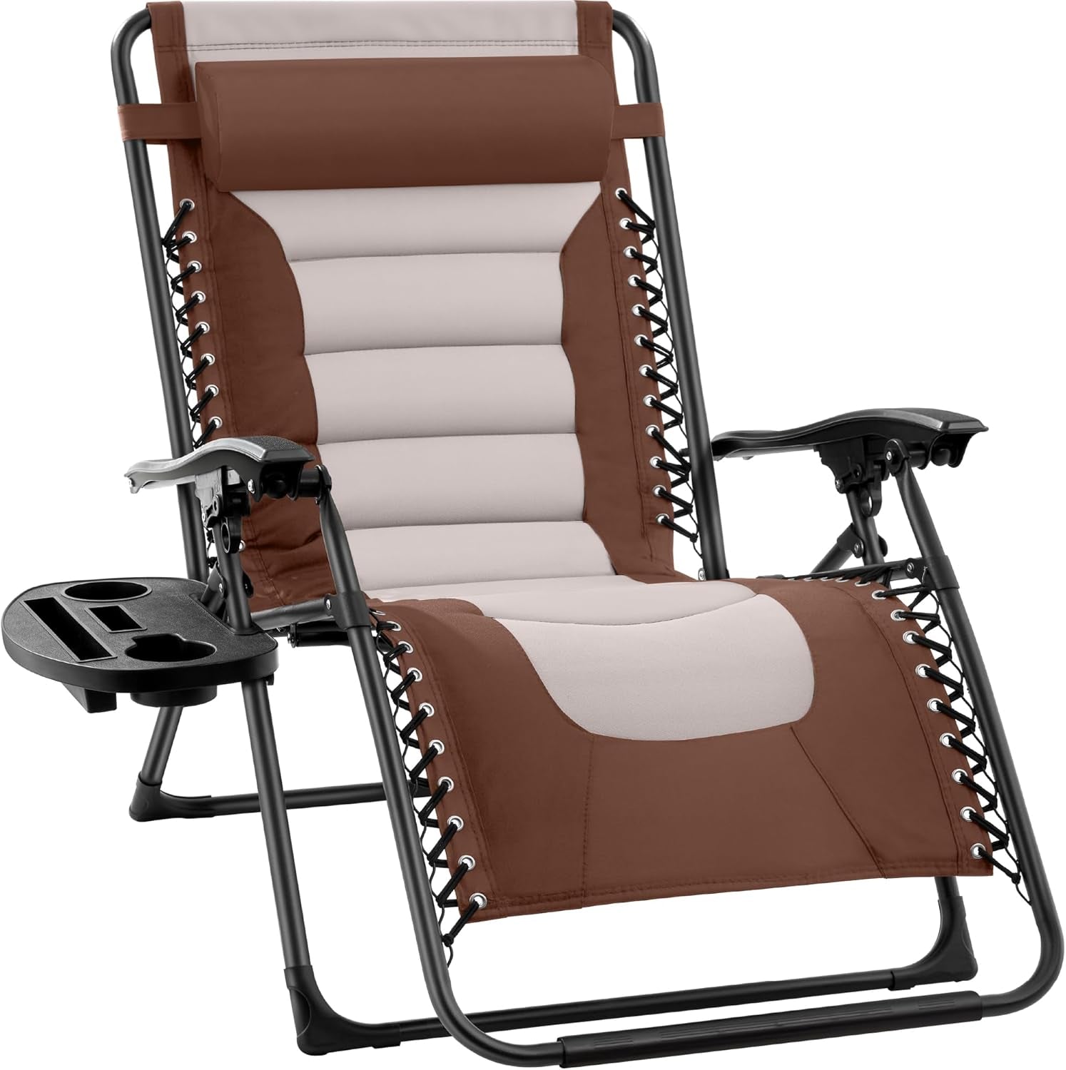 Oversized Padded Zero Gravity Chair, Folding Outdoor Patio Recliner, XL anti Gravity Lounger for Backyard W/Headrest, Cup Holder, Side Tray, Polyester Mesh - Black/Gray