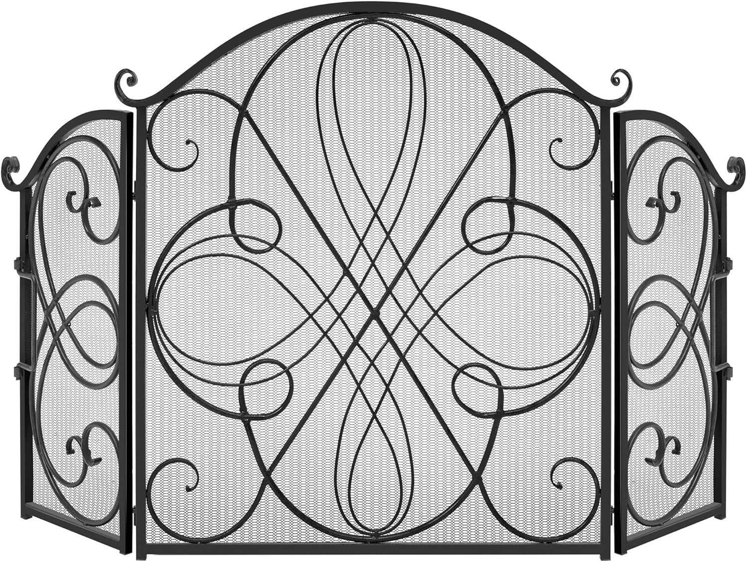 3-Panel 55X33In Solid Wrought Iron See-Through Metal Fireplace Screen, Spark Guard Safety Protector W/Decorative Scroll - Copper