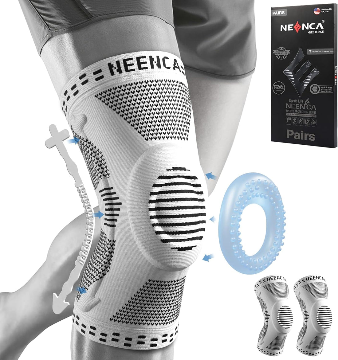 2 Pack Knee Braces for Knee Pain, Compression Knee Sleeves with Patella Gel Pad &amp; Side Stabilizers, Knee Support for Meniscus Tear, Arthritis, Joint Pain, ACL, Runner, Workout- FSA/HSA APPROVED