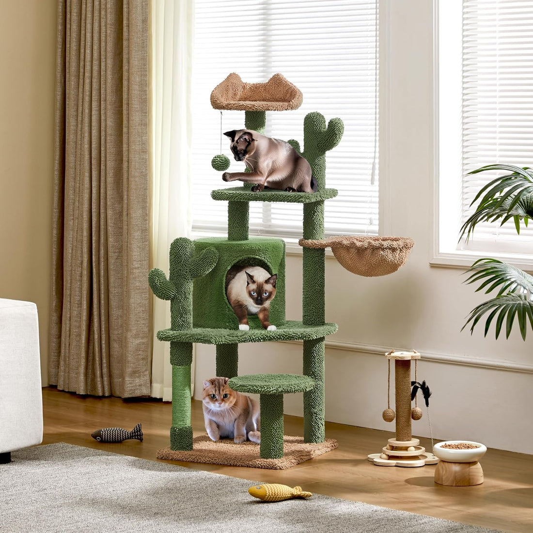 Cactus Cat Tree, 53.5In Cat Tower for Indoor Cats with Sisal Covered Scratching Post, Condo, Plush Perches and Fluffy Balls, Multi-Level Cat Climbing Tree Play House Activity Center, Green